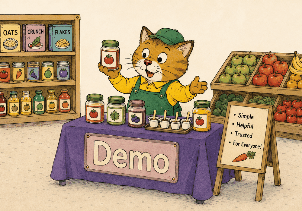 Cartoon tasting-counter demonstration: a server offers free samples of charts
